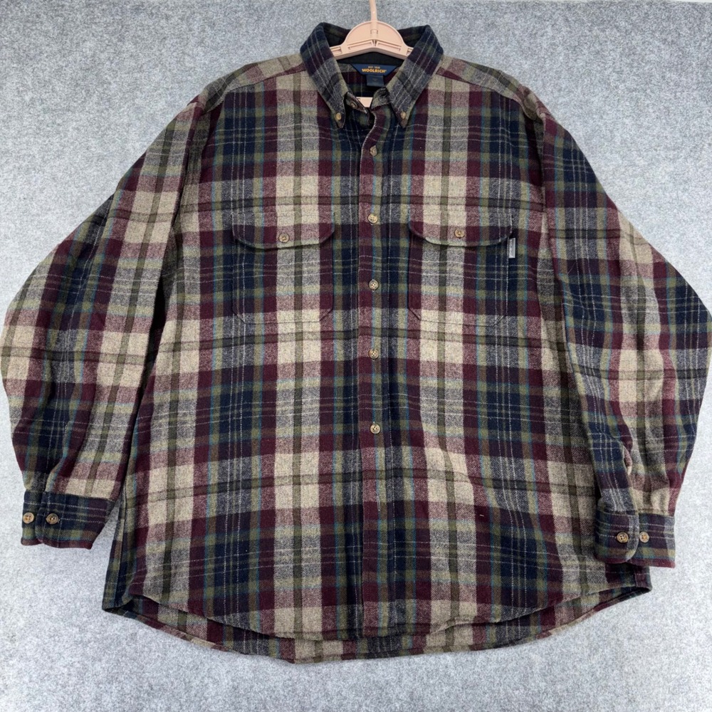 Woolrich Mens XL Burgundy Plaid Wool Blend Flannel Button Down Shirt 6375BP